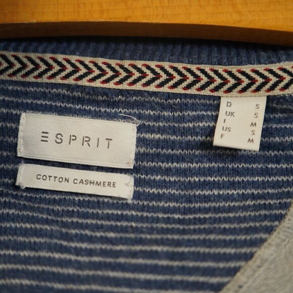 Esprit Men's Cotton Cashmere Full Zip Heather Grey Jacket S Stripe Contrast - Picture 9 of 10